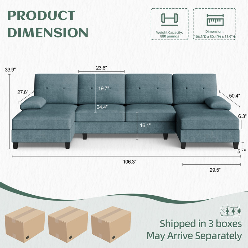 Canapé modulaire 3 pièces pour salon, Bleu brume