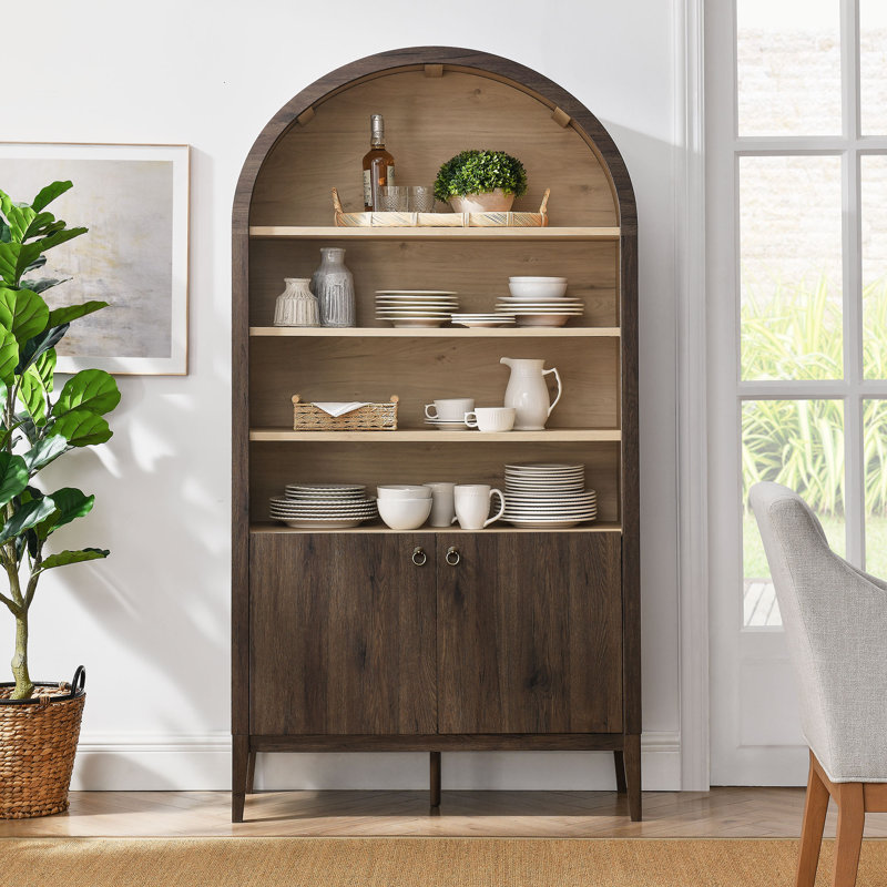 Nolan 74" Tall Arched Storage Display Cabinet Bookshelf, Dark Walnut