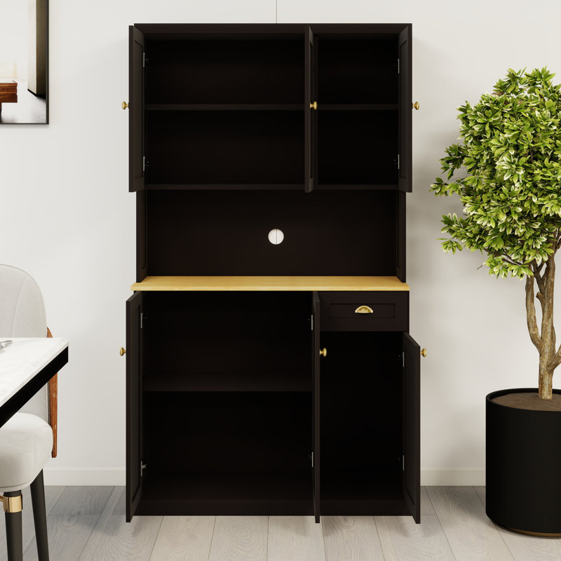 Armoire de cuisine 71 po autoportante avec comptoir à micro-ondes, tablettes réglables, 6 portes et 1 tiroir - grande huche de rangement noire pour la cuisine ou la salle à manger