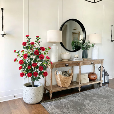 3.6FT Artificial Camellia Tree With 32 Red Flowers, 232 Green Leaves, Potted Faux Silk Plant For Indoor Outdoor Decor, Front Door Porch Patio Living Room Office Decoration