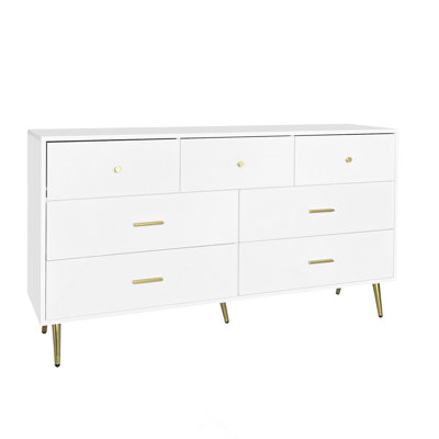 Seven Drawers Large Chest Of Drawer Cabinet With Golden Handle And Golden Legs White Color by Mercer41
