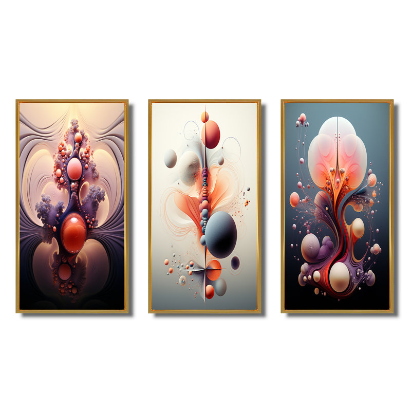 Metamorphosis Abstract Geometric Multiverse III - Abstract Shapes Art Set Of 3 Pieces, Encadrement doré, H 20 po x l 36 po