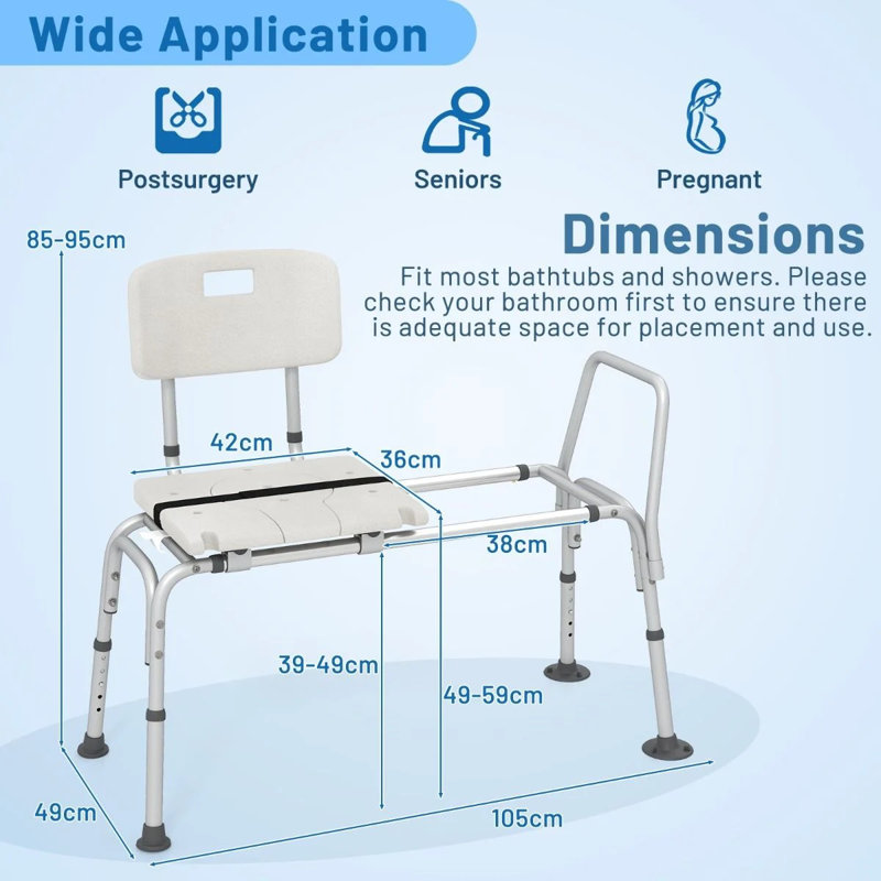 Sliding Tub Transfer Bench, Adjustable Inside-Bathtub Chair with Safety Belt