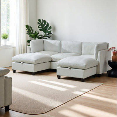 96.5" Sectional Couch For Living Room, Upholstered Soft Chenille Fabric Sofa With Storage, 3-Seater With Two Ottomans U Shape Sofa