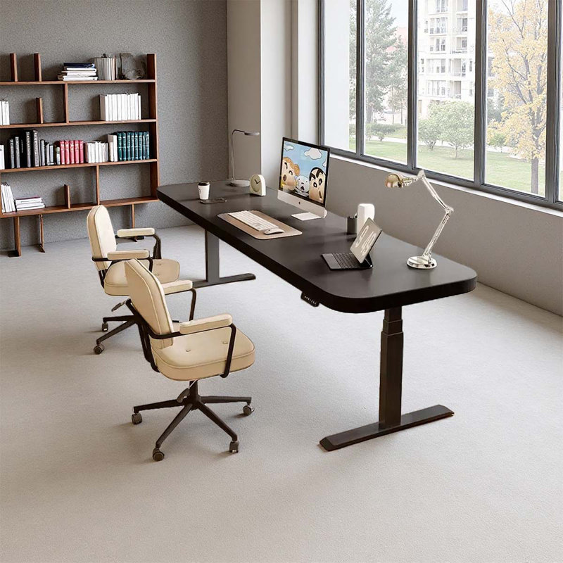 Black solid wood height-adjustable table, 29.5" H x 78.74" W x 23.62" D