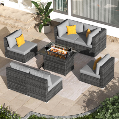 High Back 7 Piece Wicker Patio Conversation Furniture Set with Fire Pit Table and Cushions, Sectional Deep Seating Group