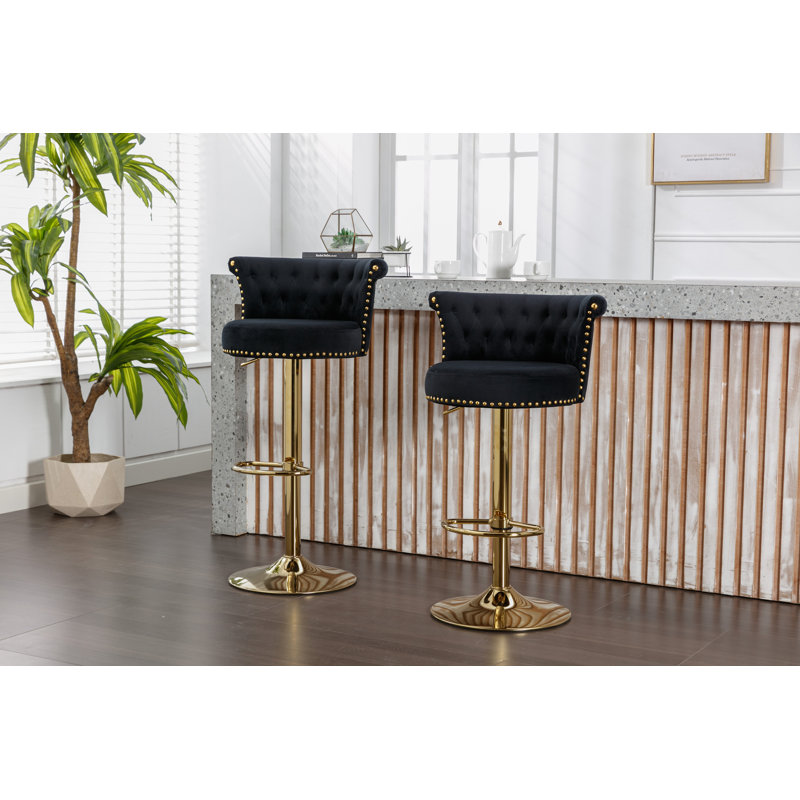 Ensemble de 2 tabourets de bar pivotants en velours avec repose-pieds en métal et dossier capitonné, Noir, noir, noir, noir