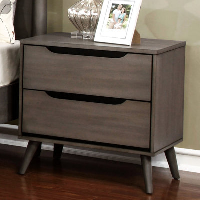 Table de chevet grise de style moderne du milieu du siècle, en bois massif avec 2 tiroirs Grace 2