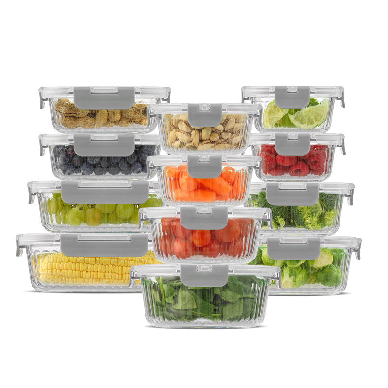 JoyJolt Fluted Glass Food Storage Containers with Leakproof Lids, Set of 12, Gray