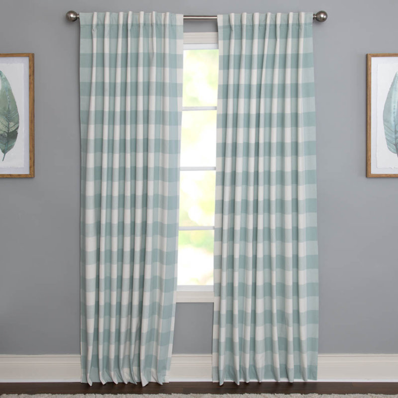 Treve 100% Cotton Room Darkening Buffalo Checkered Curtain Panel with Rod Pocket Top and included hook clips , Mint Green