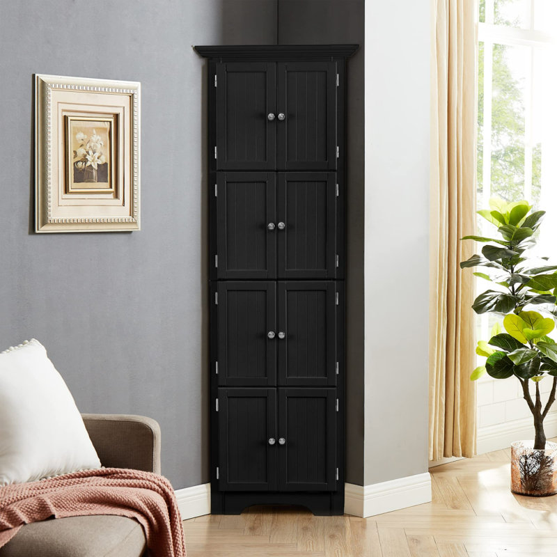 Tall Storage Cabinet With 8 Doors And 4 Shelves For Living Room, Kitchen, Office, Bedroom, Bathroom, Modern, Black