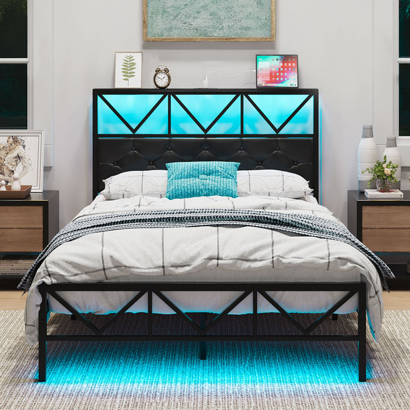 Full Size Bed Frame with LED Light and Charging Station, Black Upholstered Headboard with Shelf, Under Bed Storage, No Box Spring Needed, Noise Free, Easy Assembly, Black
