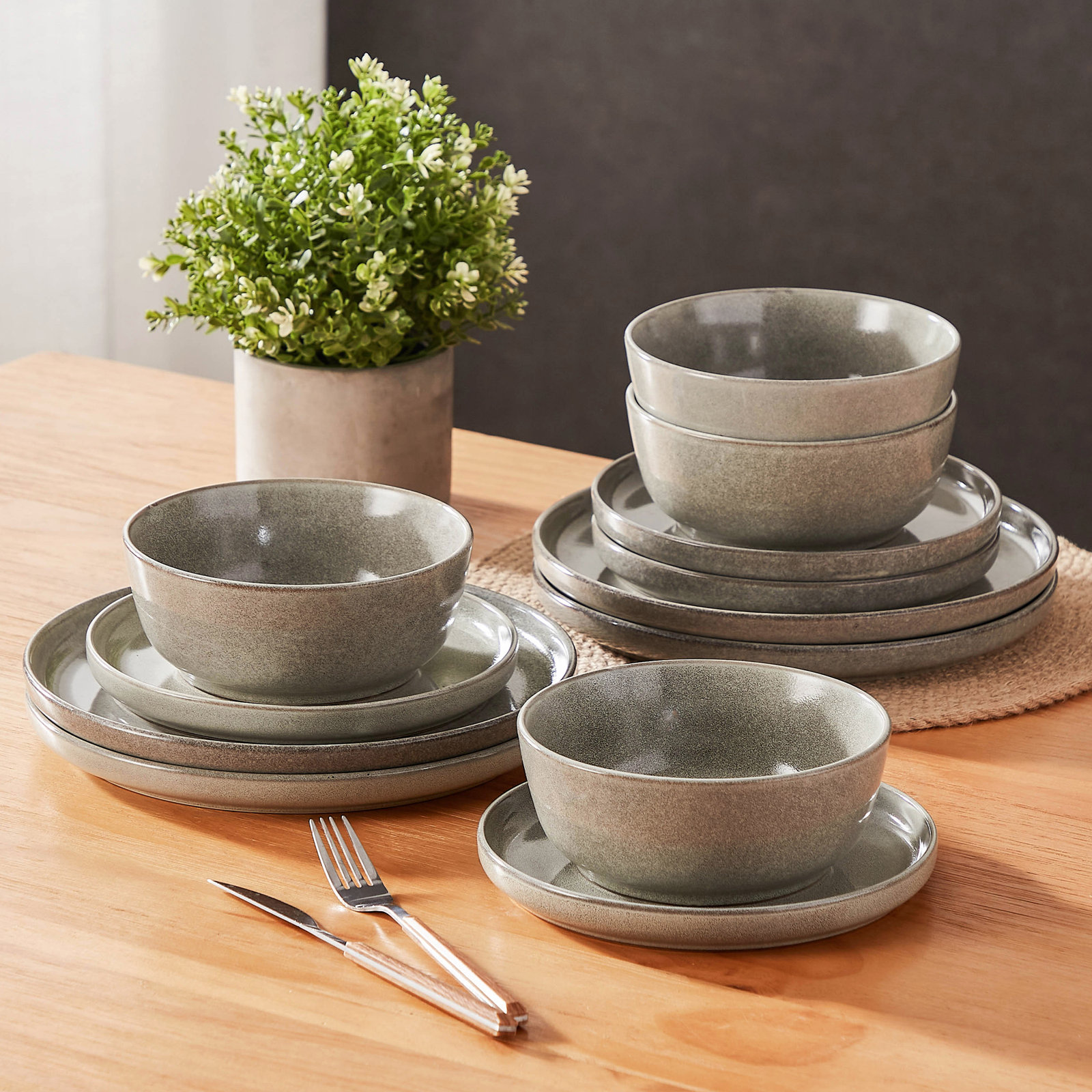 Mcfall 12 Piece Porcelain Dinnerware Set, Service For 4, Gray
