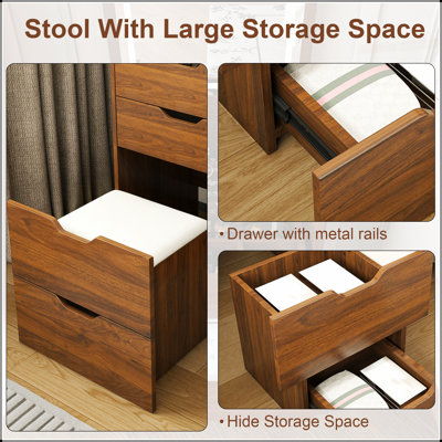 Bureau de coiffeuse 3 en 1 avec miroir éclairé et tabouret, coiffeuse à plateau rabattable, rangement compact pour la chambre à coucher, la salle de bain et le vestiaire