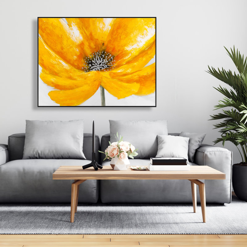 Grande fleur jaune - toile grise encadrée pour la décoration de bureau