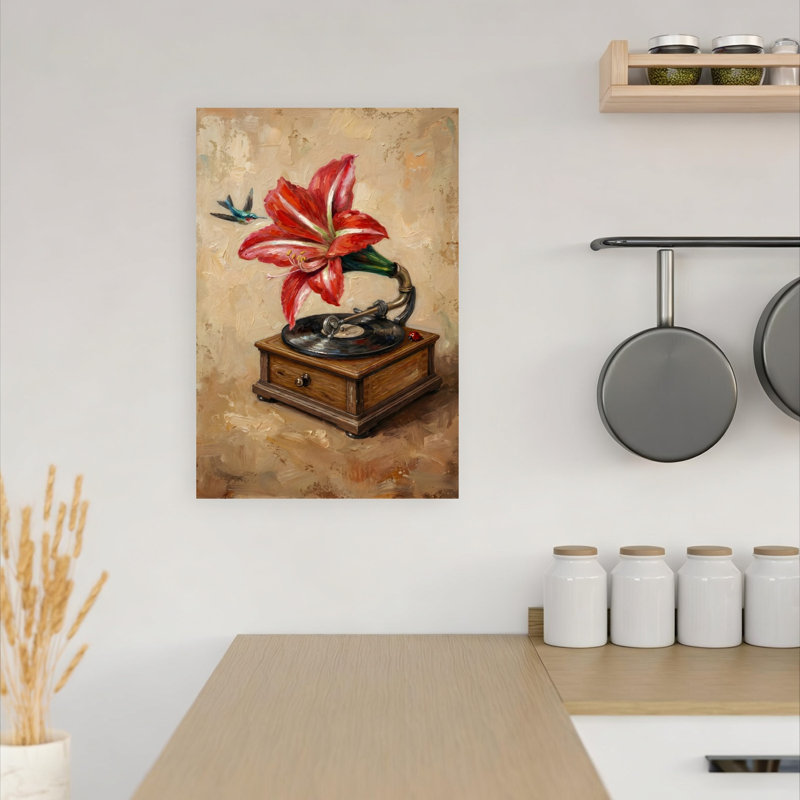 Amaryllis Gramophone Melody Classic Elegant Surreal Hummingbird Bird Flower Nature Wall Art Print 1 Piece Wrapped Canvas Wall Art