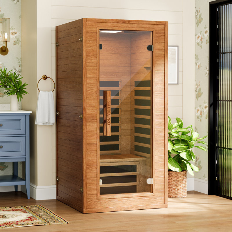 Sauna Pro 1-Person Indoor Low EMF Far Infrared Sauna in Okoume with Tempered Glass Door, BT Speakers, and Smart App Control, for Home Relaxation & Therapy