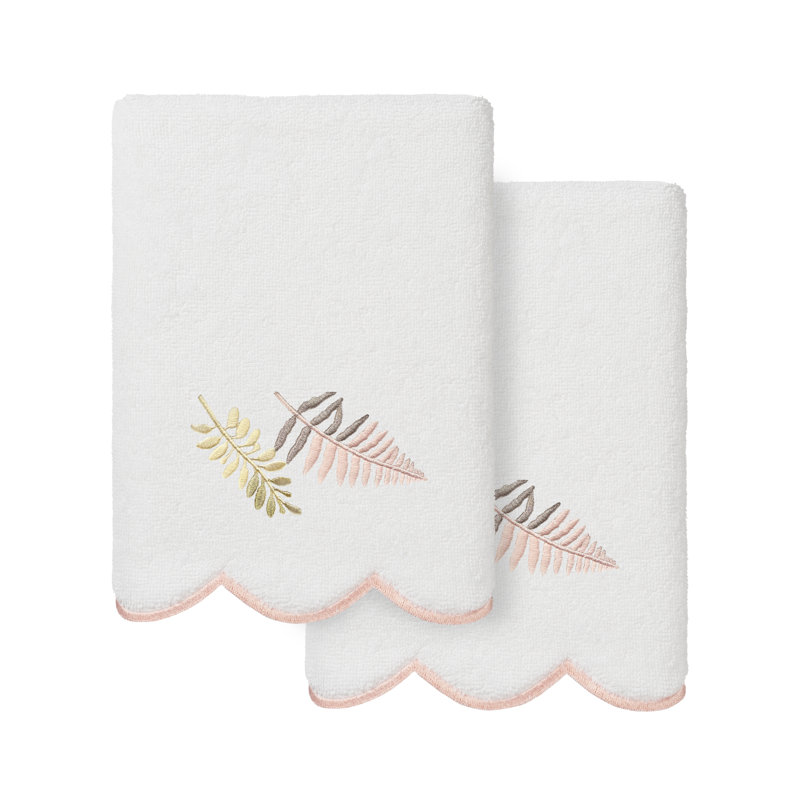  Ensemble de serviettes 100% coton festonné 100% coton FERN Toss, Blanc/vert, Ensemble de 2 essuie-mains