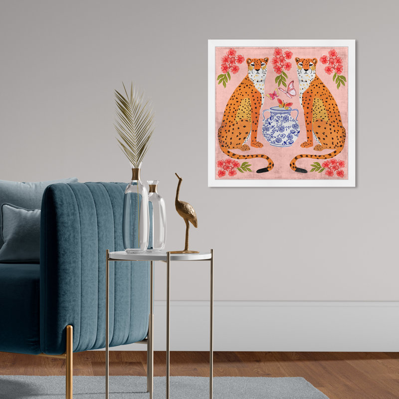 Great Mother Cheetahs - Peinture encadrée sur papier, Blanc, H 22 po x l 22 po