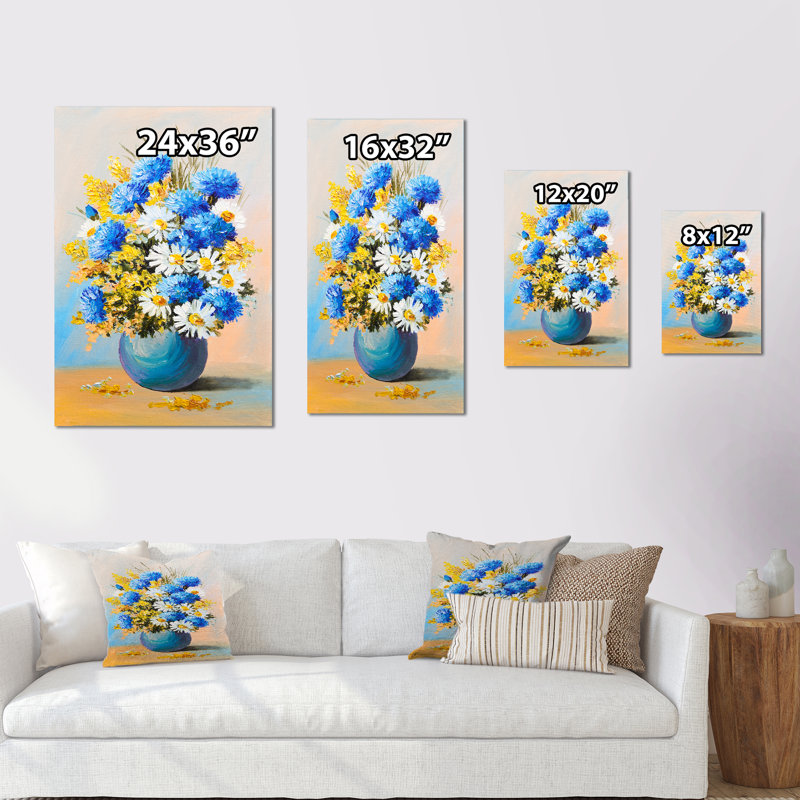 Un bouquet de fleurs bleues - peinture, H 20 po x l 12 po x P 1 po, Toile tendue