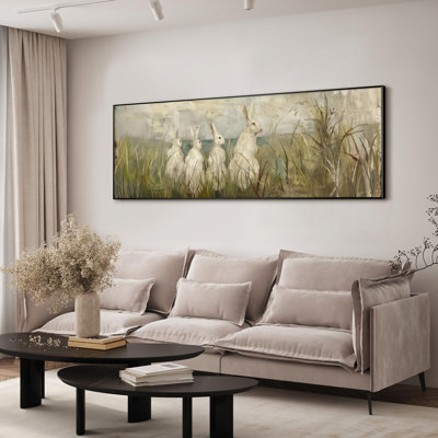 Très grande reproduction d'art sur toile - Lapins blancs dans un pré, fantaisiste, nature, illustrations, décoration pour le salon ou la chambre à coucher - «Assemblage requis du cadre (cadre non fini)»