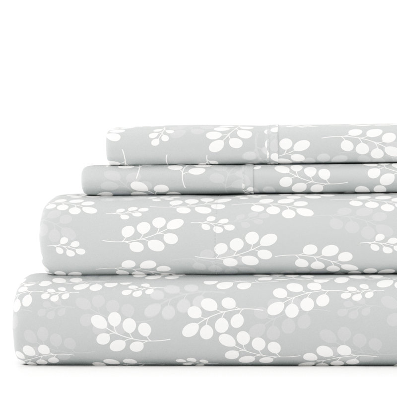 Gray Floral Print Microfiber Full Sheet Set