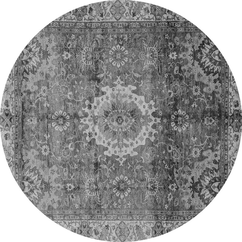 Tapis oriental gris tissé à la machine en gris / blanc / noir, Rond 4 pi
