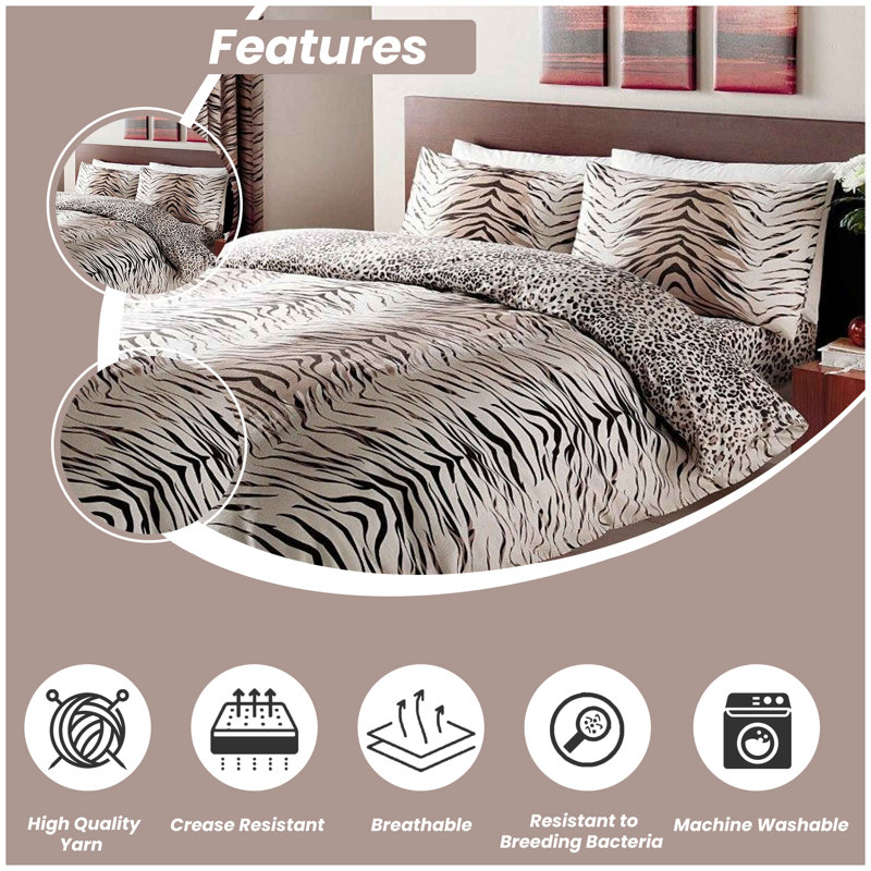 Safari Animal Print Reversible Duvet Cover Set - Soft Polycotton Bedding with Pillowcases Zebra & Leopard Design, Brown