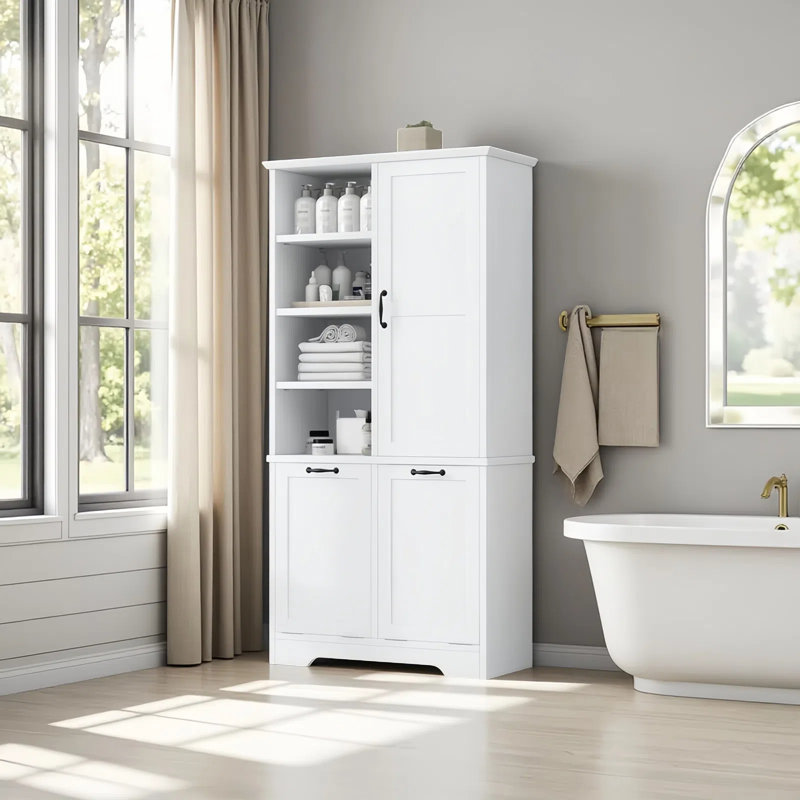 Armoire de rangement pour salle de bain avec portes et panier à linge inclinable, Blanc