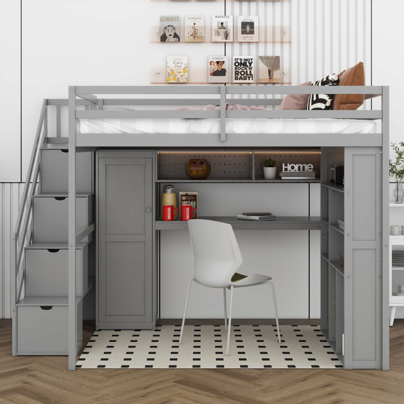 Full Size Loft Bed With Desk & Wardrobe, All-In-One Space Saving Furniture For Bedroom, Includes Storage Shelves & LED Lights