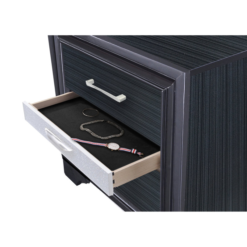 Table de chevet noire avec tiroirs intérieurs silencieux et porte-bijoux élégant et fonctionnel pour les essentiels de chevet