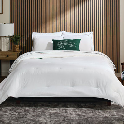Lacoste Tiebreak 100% Cotton Comforter Set, Soft Breathable All-Season with Embroidered Crocodile, Full/Queen 3-Piece White