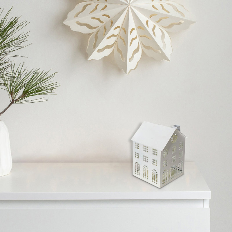 Metal House Tealight Holder (Large), 7" H x 7" W x 9.5" D, White