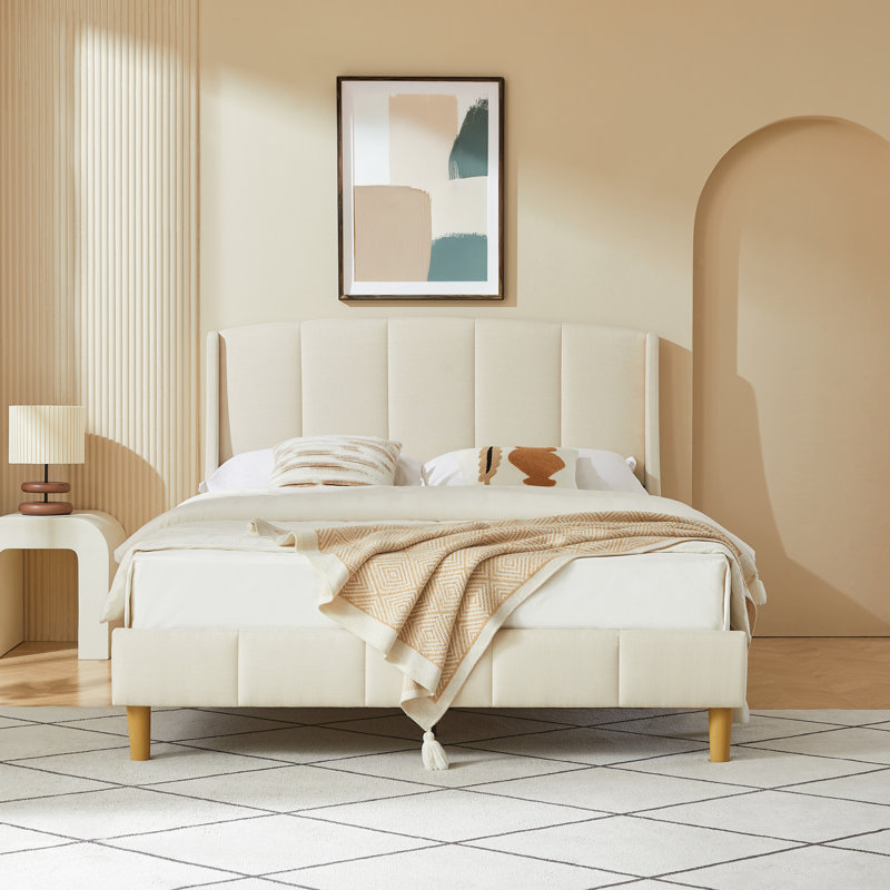 Lit plateforme tapissier à oreilles Balynda, Beige, Grand