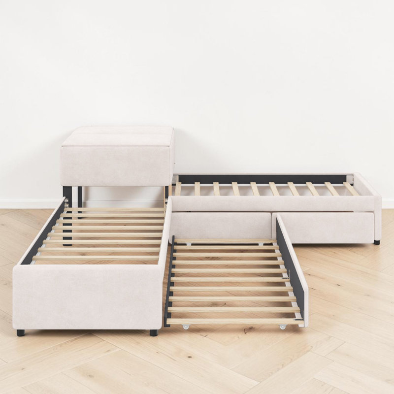 Lits plateforme doubles tapissiers en L avec lit gigogne, Beige