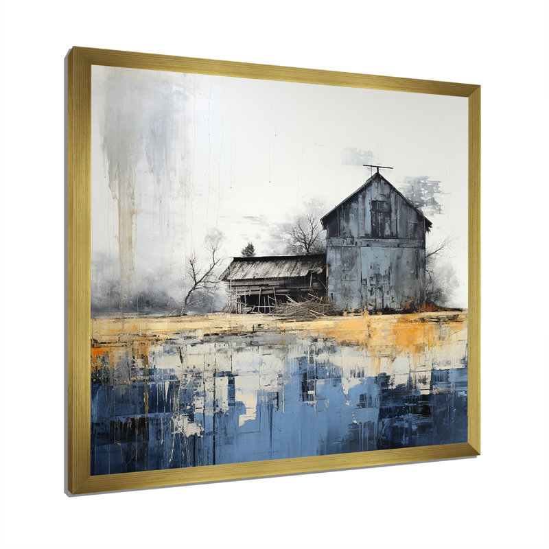 Mystic beige et grange bleue sur toile, H 16 po x l 16 po x P 1 po, Encadrement doré