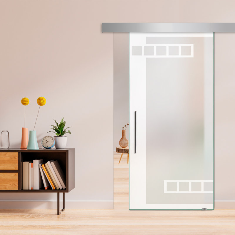 Porte de grange coulissante en verre sans cadre avec design moderne sablé + ensemble de quincaillerie (double-privée), Blanc