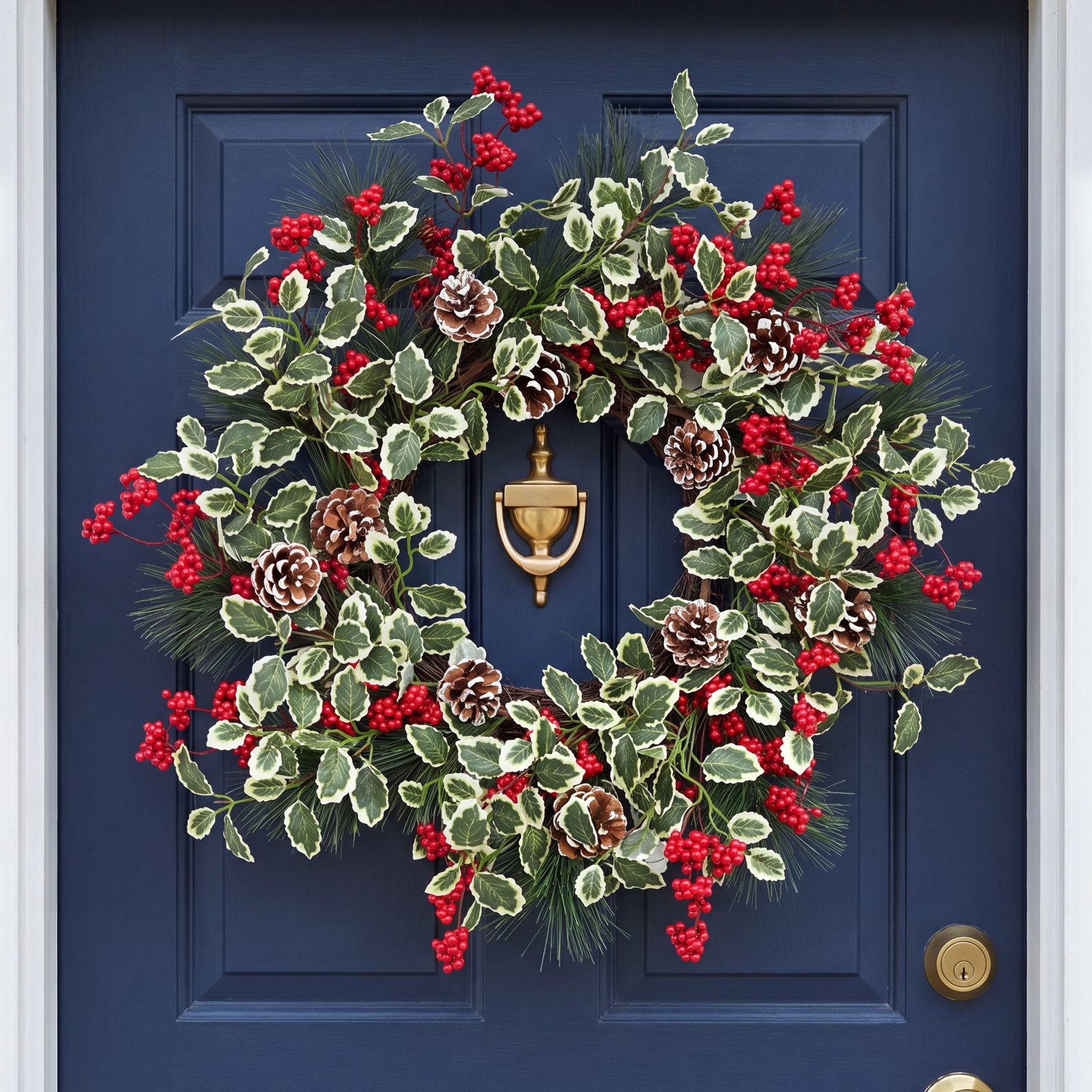 22" Artificial Farmhouse Blossoms Cluster Greenery Leaves Berry Cedar Winter Christmas Wreath For Front Door