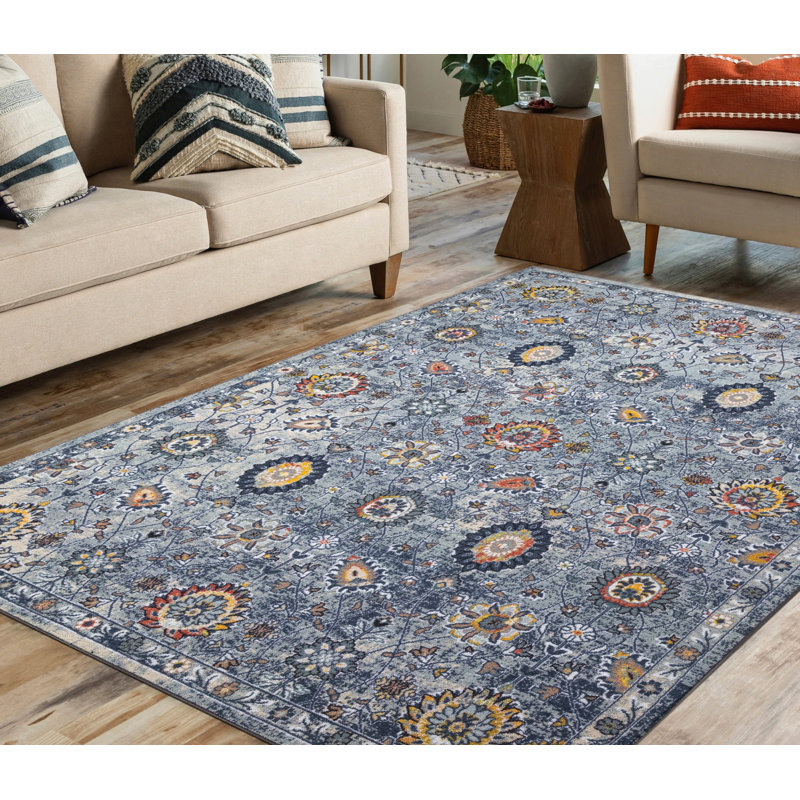 Lyanne Washable Non-Slip Blue Area Rug, Rectangle 7'10" x 10'