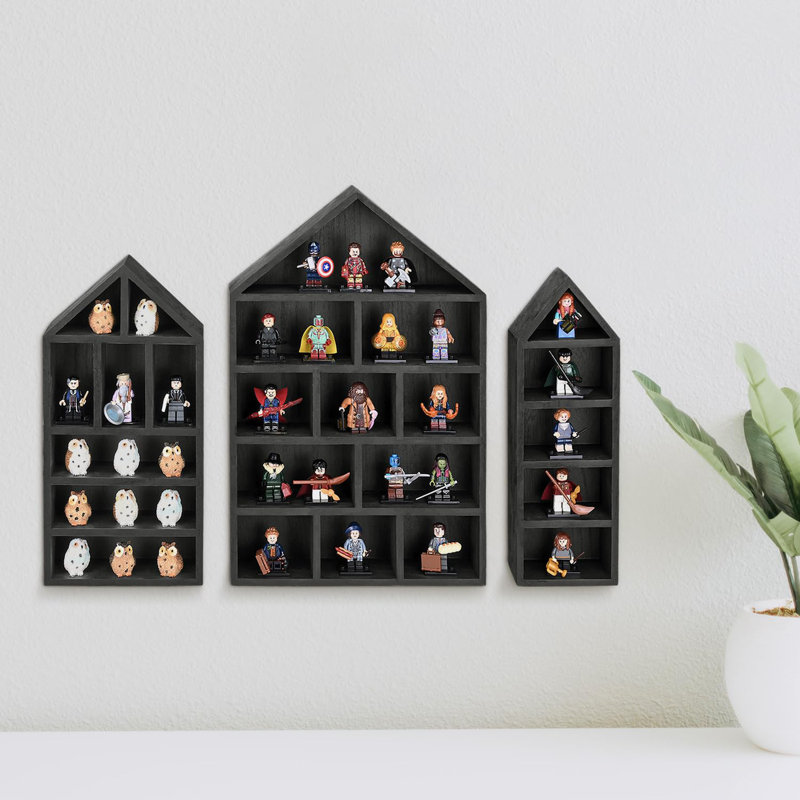 House-Shaped Wooden Shadow Cubby Box Display Shelf Organizer Storage Shadow Box For Mini Figures, Set Of 3, 10 W X 2 1/4 D X 15 H In, Black Colour
