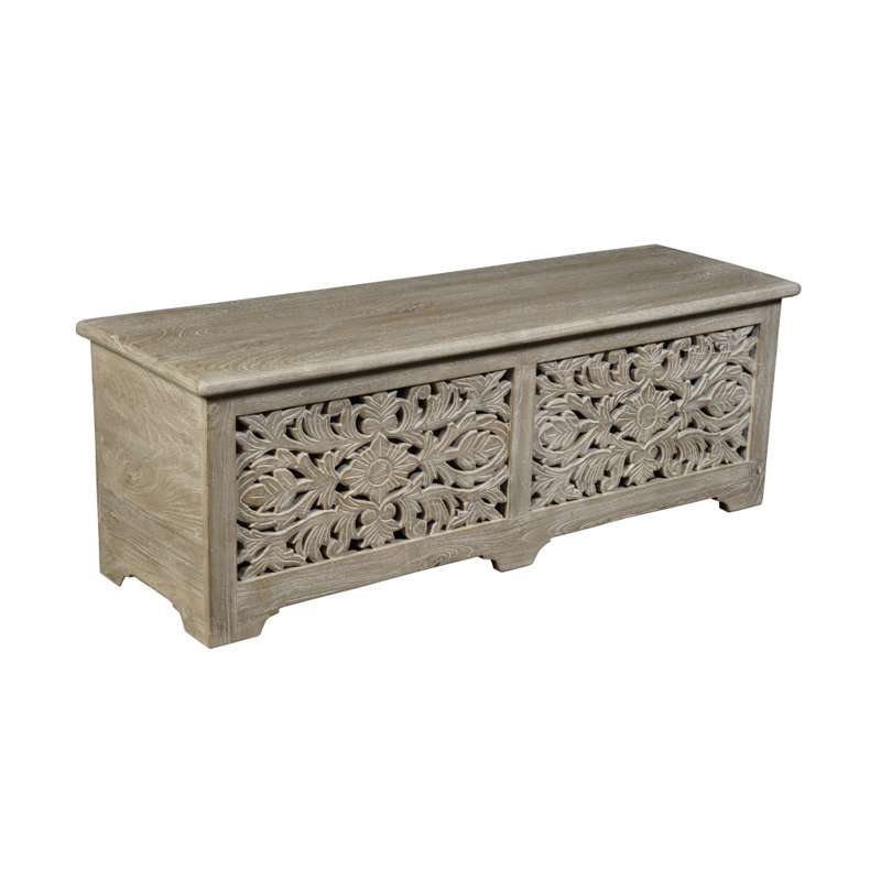 Repose-pieds 52 po avec rangement floral sculpté en bois massif gris vieilli