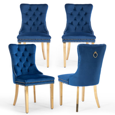 Velvet Fabric Upholstered Dining Chairs Set of 4 with Golden Legs,Blue