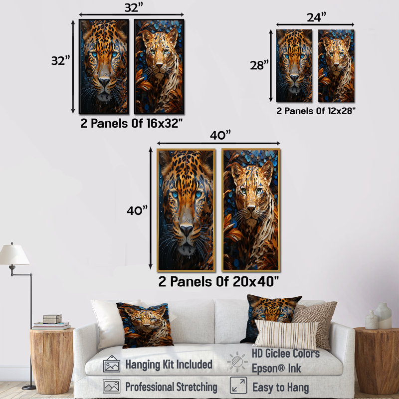 Ensemble de salon symbolique 2 animaux Jaguar Presence, Toile tendue, H 40 po x l 41 po