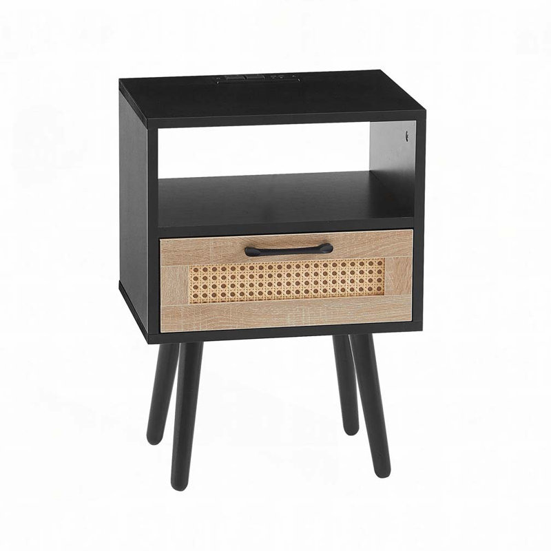 15.75" Rattan End table with Power Outlet  & USB Ports, Black