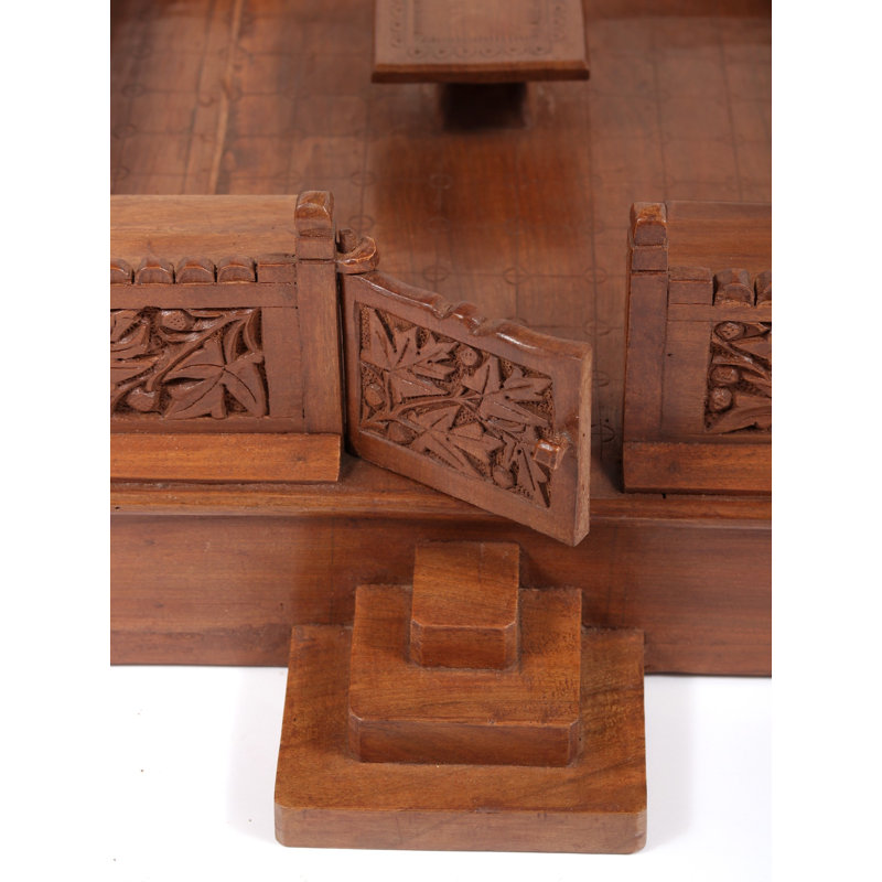 28" Kashmir Walnut Wood Carved Designer Temple - Handcrafted Traditional Indian Pooja Mandir with Intricate Maple Leaf Design Home Spiritual Decor