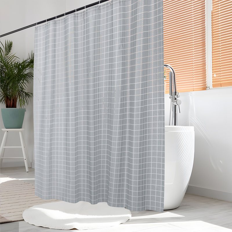 Rideau de douche imperméable en PEVA gris à carreaux, 178 x 183 cm, avec aimants et crochets., H 72 po x l 70 po