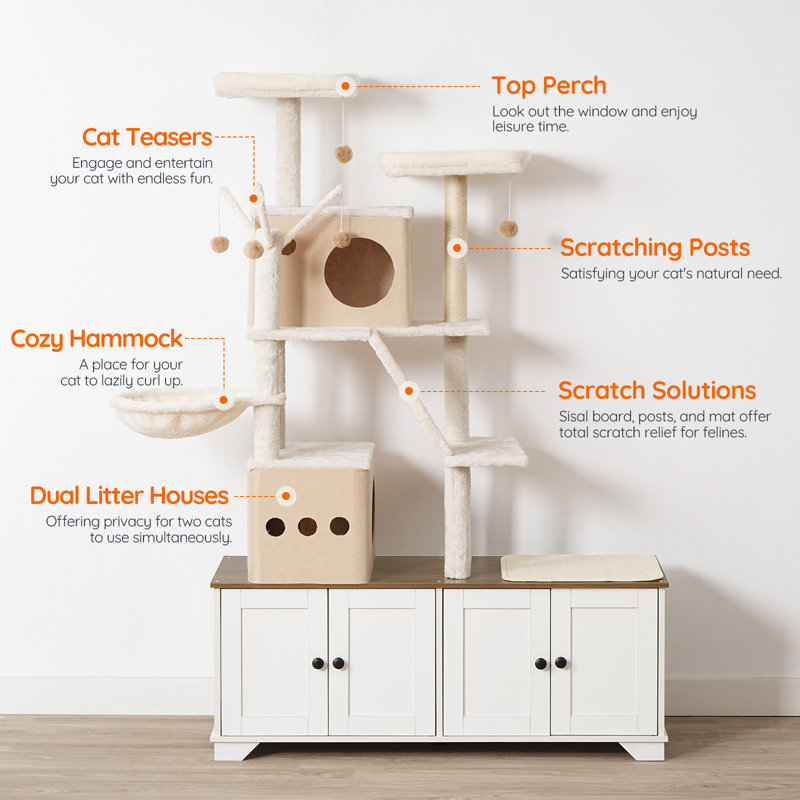 45.3"L x 68.9"H Cat Tree with Double Litter Box Enclosure, White/Walnut