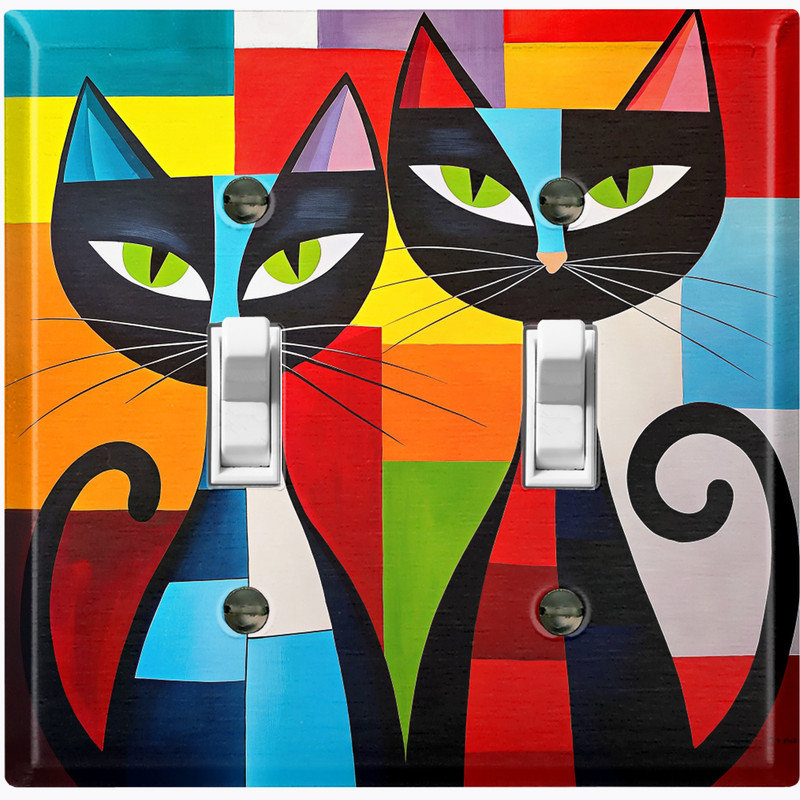 Couvercle de plaque d'interrupteur en métal; Bascule standard à 2 bandes US - chats abstraits, Double # 2