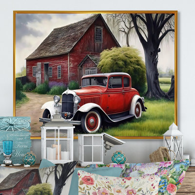 Vieille voiture rétro à la grange - peinture sur toile