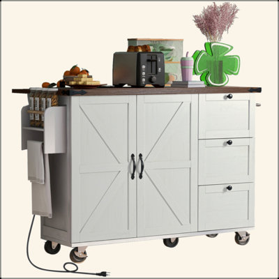 54.5" Farmhouse Kitchen Island With Power Outlet, Kitchen Storage Island  With Internal Storage Rack, Drop Leaf, Spice Rack, Rolling Kitchen Cart On Wheels, For Home, Kitchen And Dining Room